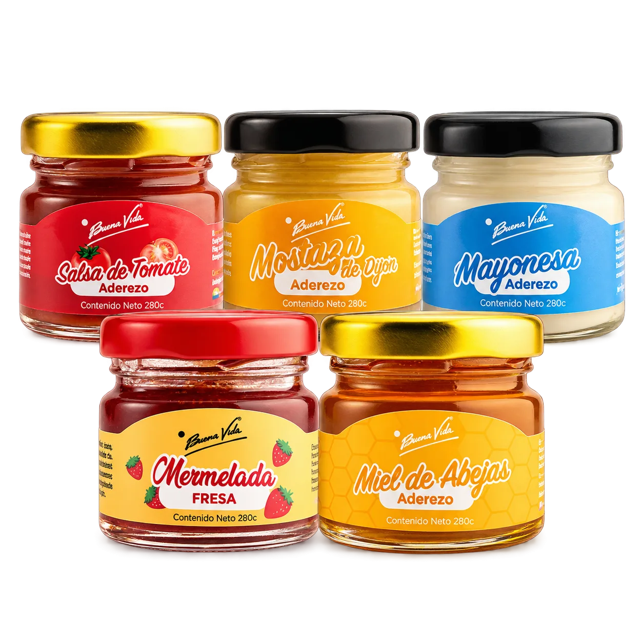 Línea de productos Buena Vida: mostaza, mayonesa y mermelada de fresa