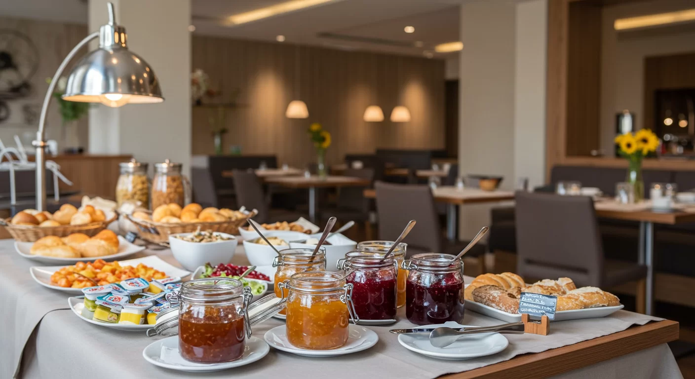 Buffet de desayuno de hotel con mermeladas Buena Vida