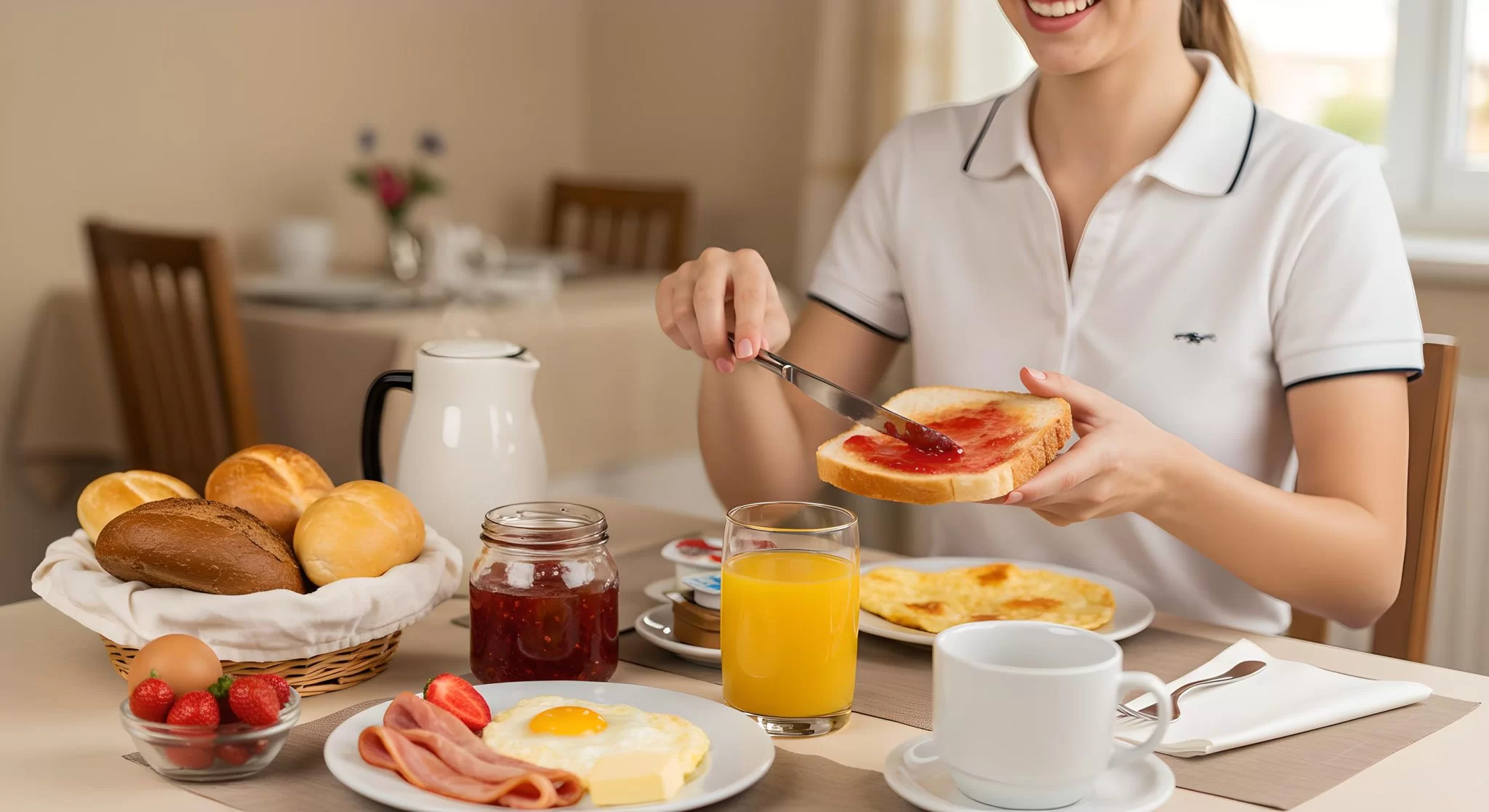 Personal de hotel sirviendo mermelada Buena Vida en el desayuno