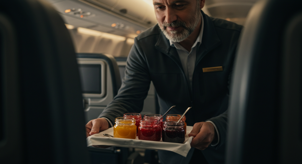 hombre entregando mermeladas en la aerolinea de un avion